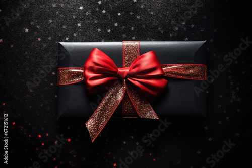 Generative AI illustration of top view of box wrapped in red ribbon placed on black surface covered with bright dots photo