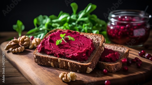 Veggie lover nourishment. jostle with beetroot pate. solid eating. sandwiches with beetroot and walnut pate.