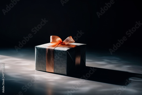 Generative AI illustration of present box wrapped in bright ribbon placed on dark surface against blurred background