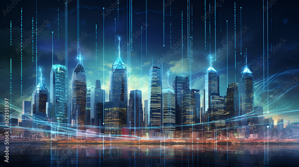 A city skyline in the midst of a digital revolution, with skyscrapers transforming into digital interfaces and currency symbols, portraying the evolution of financial technology. AI generative.