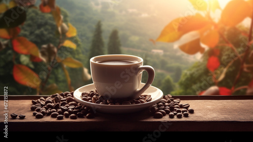 Coffee cup with beans on vintage table in the vacation day