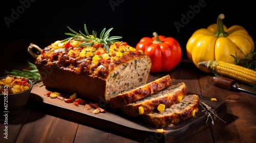 Top notch hand crafted ground heated turkey meatloaf with corn and cuts pumpkin on wooden table