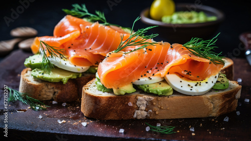 Slices of bread topped with avocado and smoked salmon.