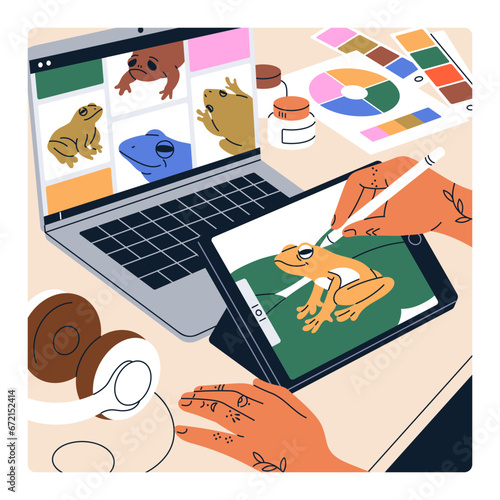 Digital artist drawing on graphic tablet computer. Illustrator with stylus pen in hand, pad and laptop, works at table. Creating illustration at creative workplace. Art talent and skill. Flat vector