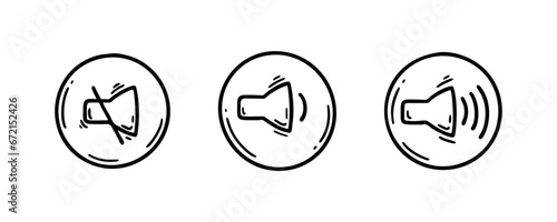 Doodle sound icons set. Mute and sound on mode symbol. Speaker sketch pictogram. Play music, voice, noise regulation sketch buttons