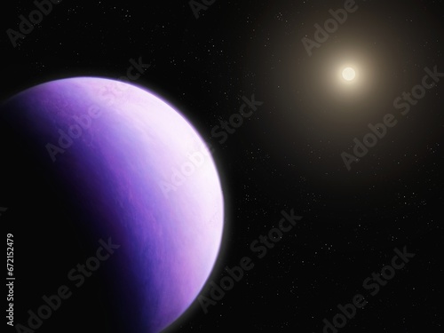 Planet with atmosphere in purple colors. Mysterious Super-Earth in space. Science fiction landscape.