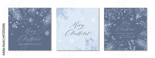 Set of Merry Christmas and Happy New year blue square greeting cards. Social media post template. Hand drawn sinter festive background with sketch botany elements. Engraving vector illustration