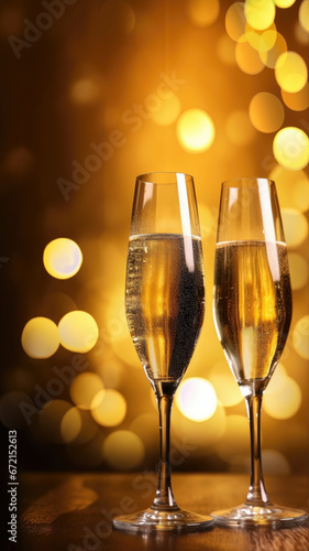 Glasses of champagne on a festive background, party or holiday concept. New Year or Christmas sparkling background. Gold and black colors.