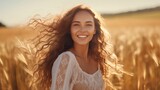 Youthful lady full of feelings from harvest time season. young lady with a dental braces and wavy hair.