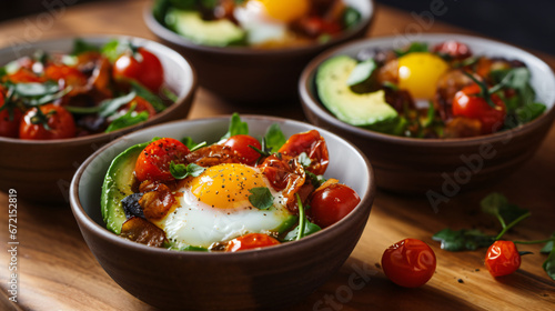 Small breakfast bowls with egg, avocado, and braised.