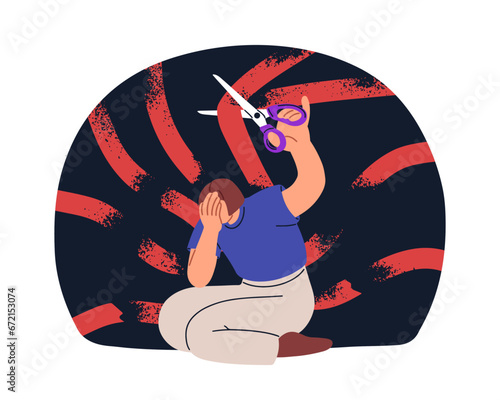 Breaking connections, links, tearing ties, relationship bonds. Separation, losing, releasing, cutting of attachments. Psychology concept. Flat graphic vector illustration isolated on white background