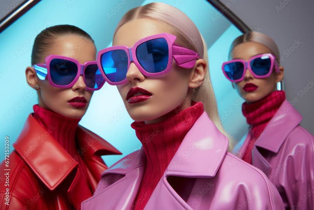 A highfashion photo shoot with models dressed in vaporwaveinspired