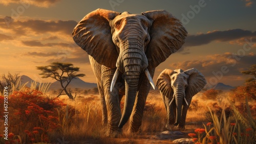 African elephant family in front of the stunning savanna sky at sunset © senadesign