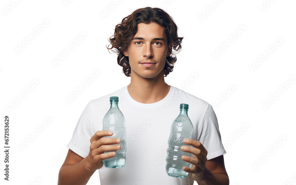 Bottle Recycling Advocate A Young Man Environmental Stance on White or PNG Transparent Background. Bottle Recycling Advocate A Young Man Environmental Stance on White or PNG Transparent Background.