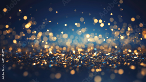 Abstract blue and gold shiny Christmas background with bokeh. Holiday bright blurred backdrop with particles.