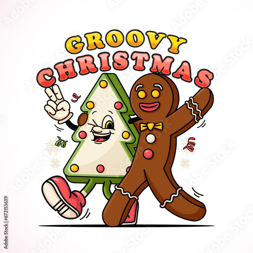 Gingerbread Men and pine tree cookie characters walk together, cute mascot character for Christmas and winter. Suitable for logos, mascots, t-shirts, stickers and posters