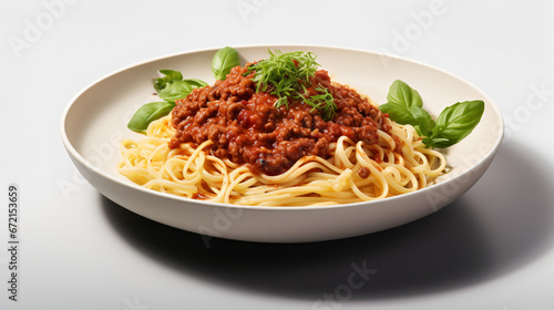 Vegan spaghetti Bolognese on isolated white background