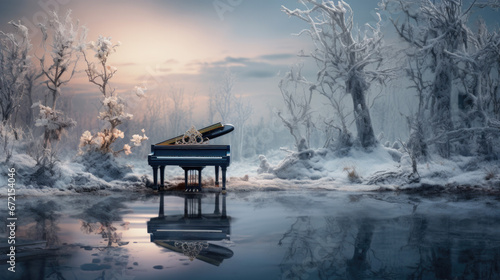 A black piano stands outside in the forest in winter photo