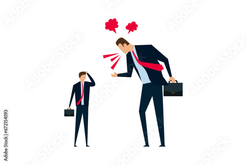 Big boss businessman yelling at a dejected, underperforming employee and filled with rage and frustration.