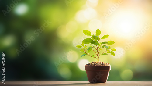 young tree in a pot in front of a bokeh background