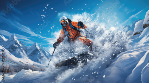 A skier races down a mountain