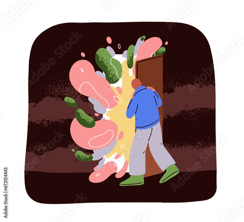 Opening door to new life. Curious person dreaming, changing dungeon to freedom, escaping from jail, finding secret. Creative concept. Flat graphic vector illustration isolated on white background