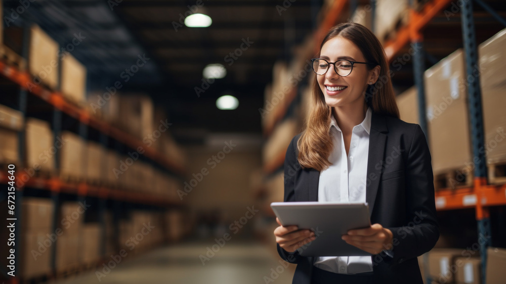 Businesswoman or supervisor uses a digital tablet to check the stock inventory in large warehouses