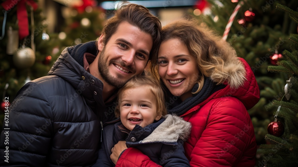 Happy family smiling and posing with decorated Christmas tree in cozy living room Happy family smiling and posing with decorated Christmas tree in cozy living room