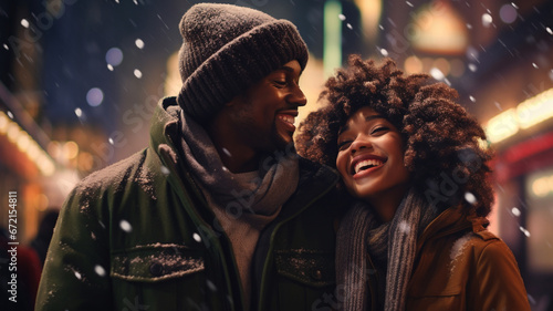 black young couple in love walks in the street with christmas lights