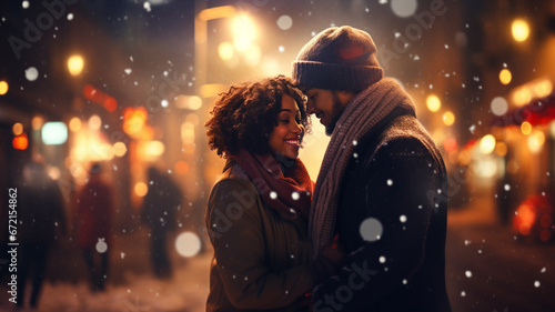 black young couple in love walks in the street with christmas lights