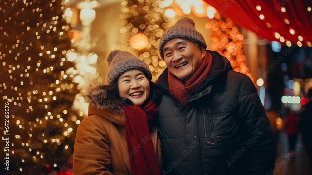 asian mature couple in love walks in the street with christmas lights asian mature couple in love walks in the street with christmas lights