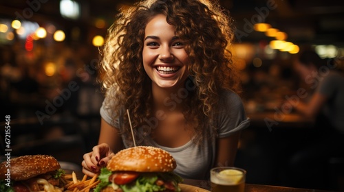 Woman enjoys taste of cheeseburger with satisfaction as flavors dancing on plate. Caucasian young lady experiences delightful fusion of flavors lighting up eyes with pure satisfaction
