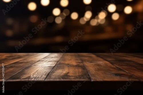 Generative AI illustration of Empty wooden table on room cocktail club with bokeh blurred background. © ImagesRouges