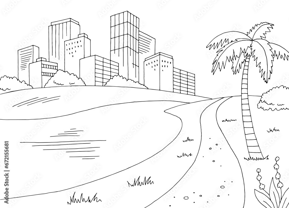 Obraz premium Park palm graphic black white landscape sketch illustration vector