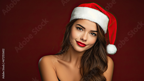 Beautiful woman wearing a red Santa's hat, happy and smiling woman, Christmas festive time, Christmas banner 