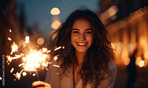 Girl holding a sparkle, happy and smiling woman, Christmas festive time 