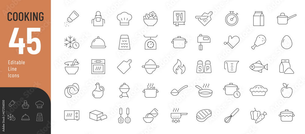 Cooking_icons_1Cooking Line Editable Icons set. Vector illustration in thin line modern style of cooking process, main ingredients and kitchen utensils icons. Isolated on white. - obrazy, fototapety, plakaty 