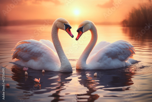 Two beautiful swans swim sea water. They make a heart shape with their necks. Nice day for peaceful couple on the river in sunrise sunset. One love symbol, romantic animals together, elegance concept