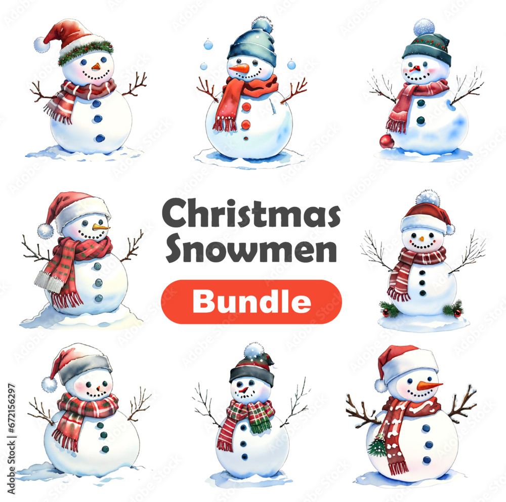 Watercolor Illustration set of Cute snowman character with Christmas ornaments