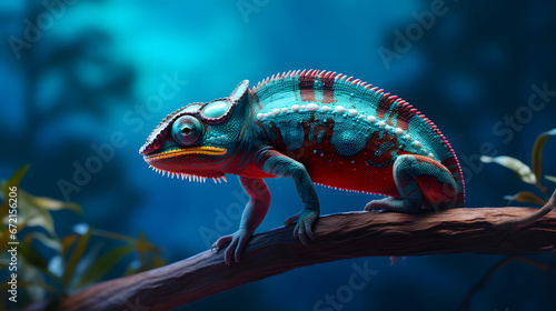 a colorful chameleon on a branch on blue background