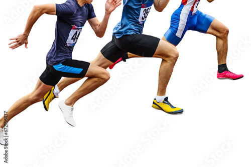 three athletes runners running synchronously together sprint race in track isolated on transparent background