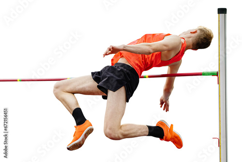male athlete jumper high jump in athletics, fosbury flop technique, isolated on transparent background
