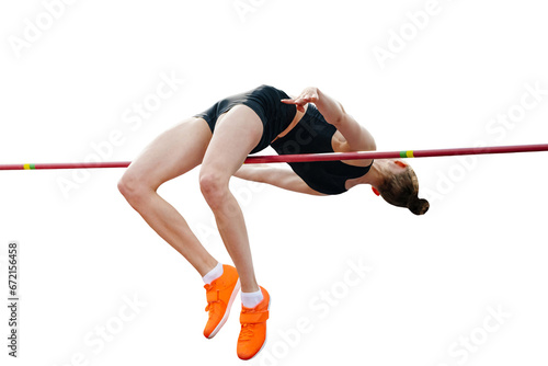 woman jumper high jump in summer athletics championships, isolated on transparent background