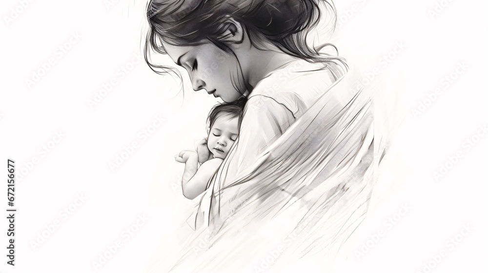 Fototapeta premium Black Pencil Sketch of Mother and Baby, Perfect for Family-Centric Designs and Emotional Editorial Spreads.