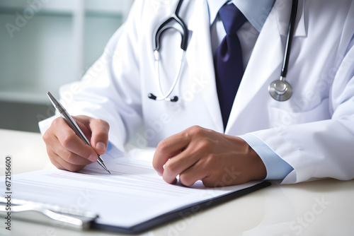 a doctor filling out medical records in the office