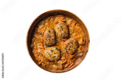 Cutlets or Fish balls with tuna in tomato sauce. Transparent background. Isolated