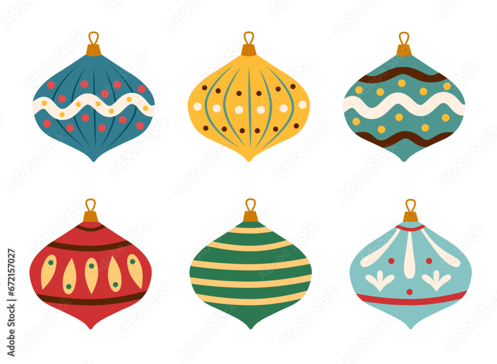 Fototapeta premium Set of Christmas ornaments on white background. Christmas objects. Christmas tree decoration.
