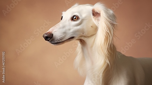 Studio Portrait Of A White Saluki Dog On A Beige Background