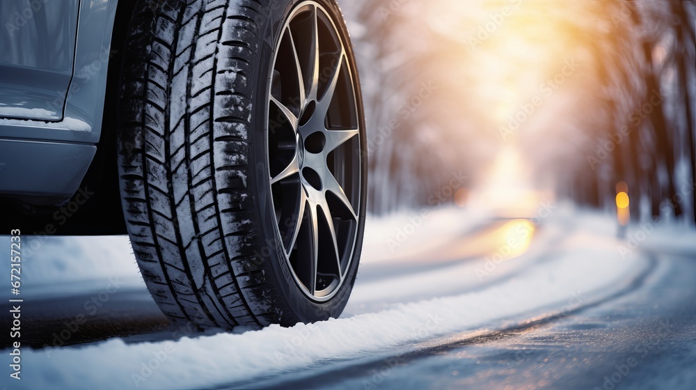 a winter tire. Automobile on a road covered in snow. Details of tires on a snowy highway.