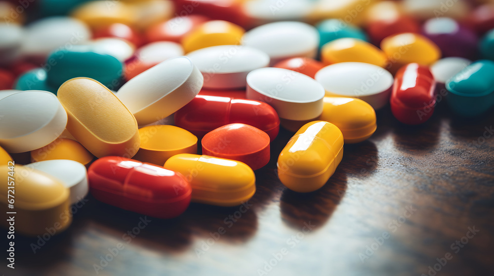 colorful pills scattered on the table colorful pills scattered on the table